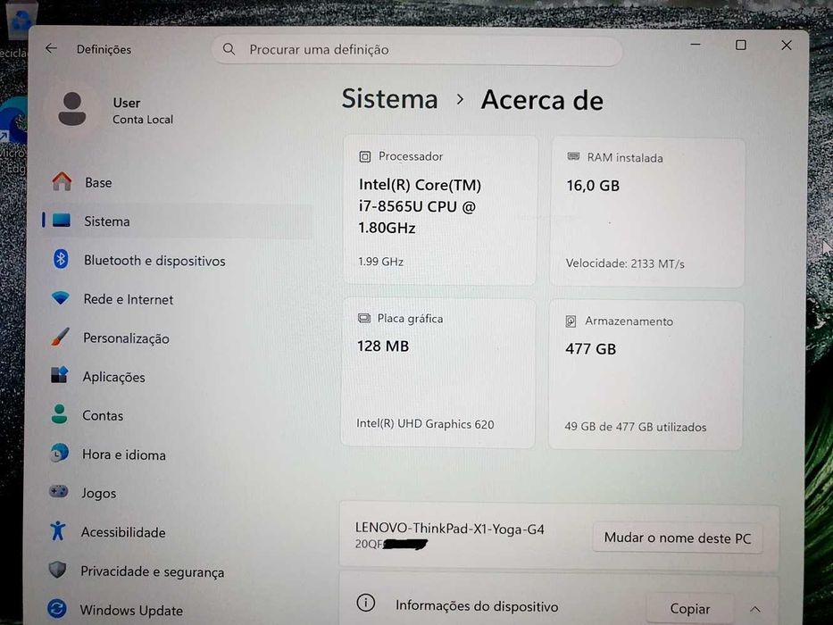 LENOVO ThinkPad X1 Yoga gen4, Intel i7-8565U, 16GB Ram, 512GB disco, ecrâ WQHD