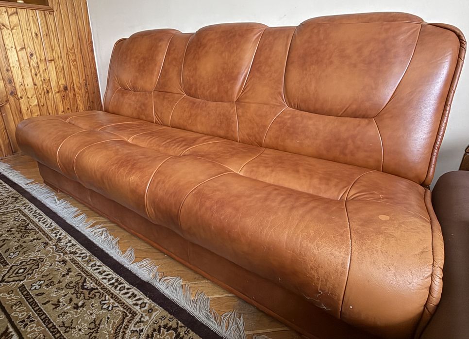 Komplet wypoczynkowy retro - sofa + 2 fotele, skóra naturalna
