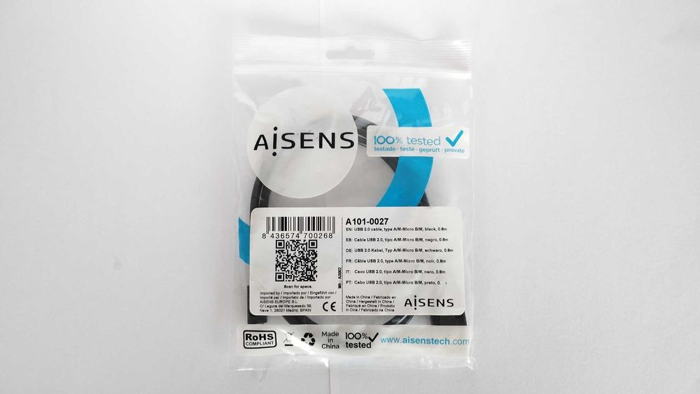 NOVO - AISENS - Cabo Micro USB - 0,8 Metros