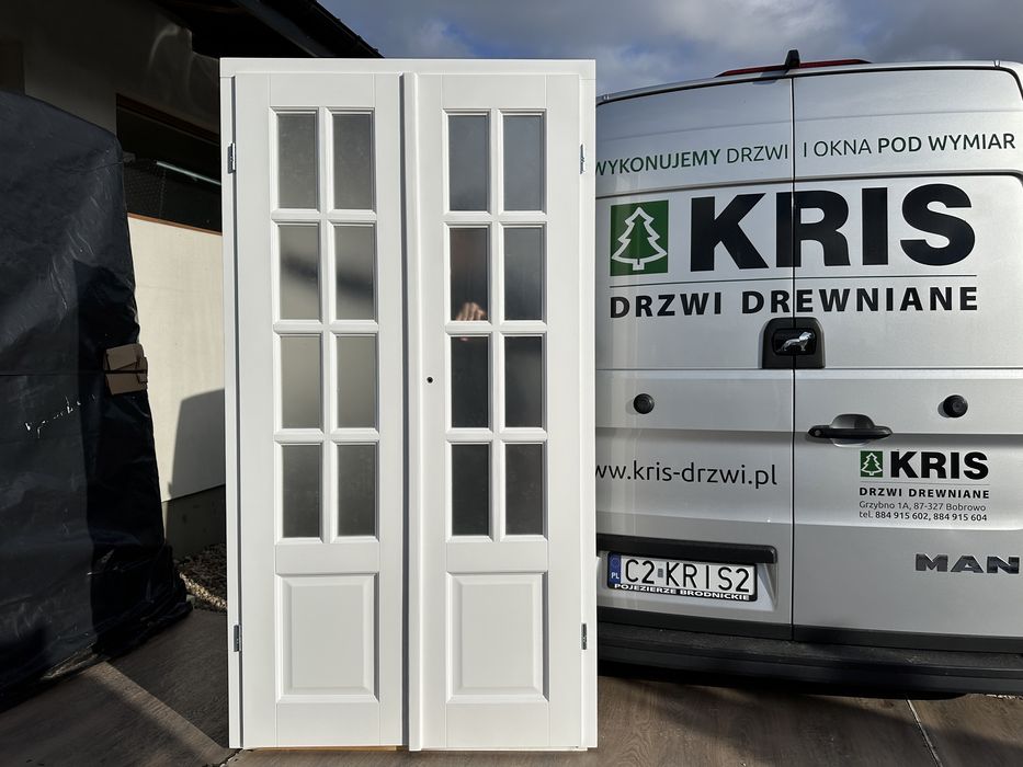 Drzwi dwuskrzydłowe drewniane Białe ze szprosem Na Każdy wymiar