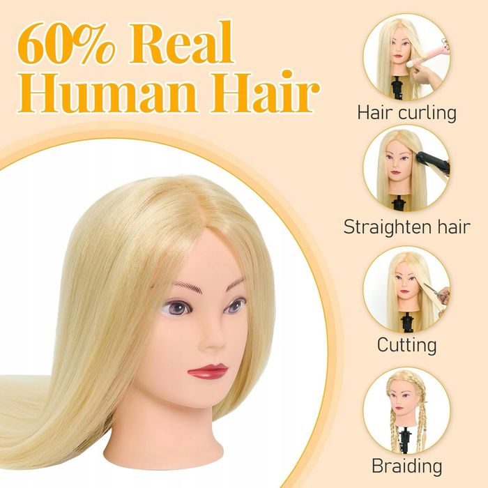 Główka treningowa z włosami ludzkimi w 60% - 71cm, blond