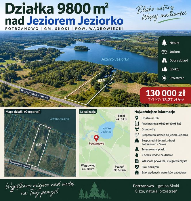 9800 m² nad Jeziorem Jeziorko i bezpośredni dostęp do wody