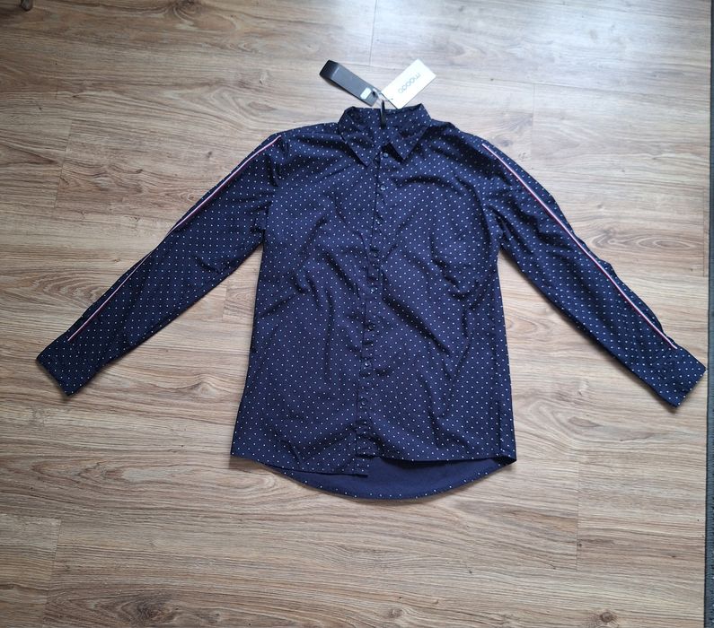 Świetna NOWA elegancka granatowa koszula w kropki L 100% bawełna