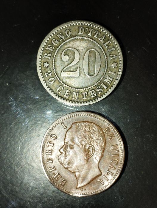 Moedas de 2 Centesimi 1898 e 20 Centésimos 1894 Itália