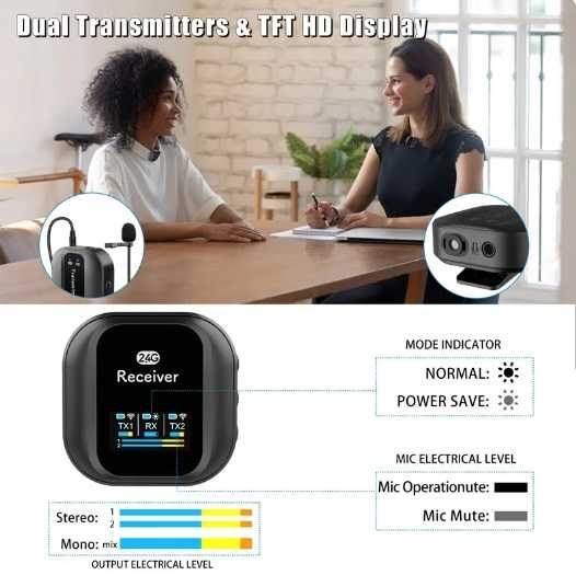 Microfone sem fios lapela 2 emissores e 1 receptor lavalier 2,4GHz