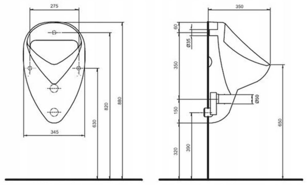 Pisuar ścienny koło, biały, odpływ poziomy