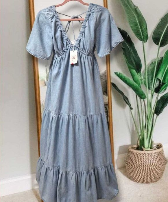 Длинное джинсовое платье/сарафан макси с рукавами denim co в стиле бохо, р. XS/S