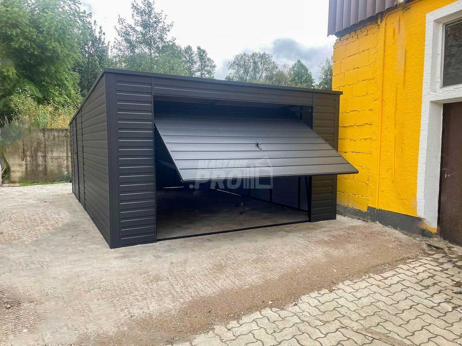 Garaż blaszany 4x6m Brama uchylna okno antracyt dach spad w tył GP480