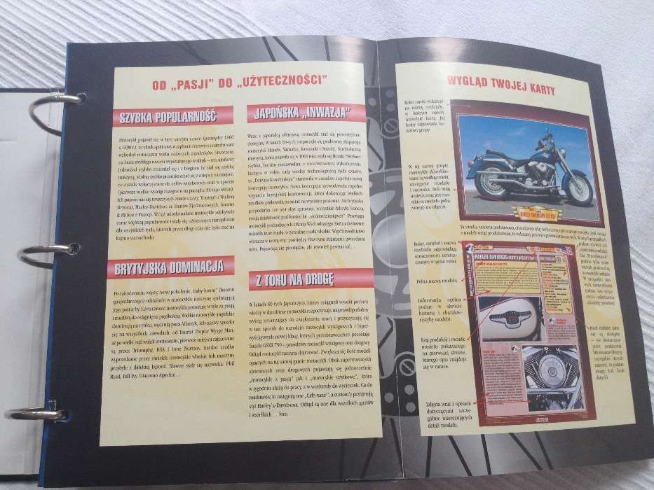 Kolekcjonerskie karty z motorami, w segregatorze, motory - opisy