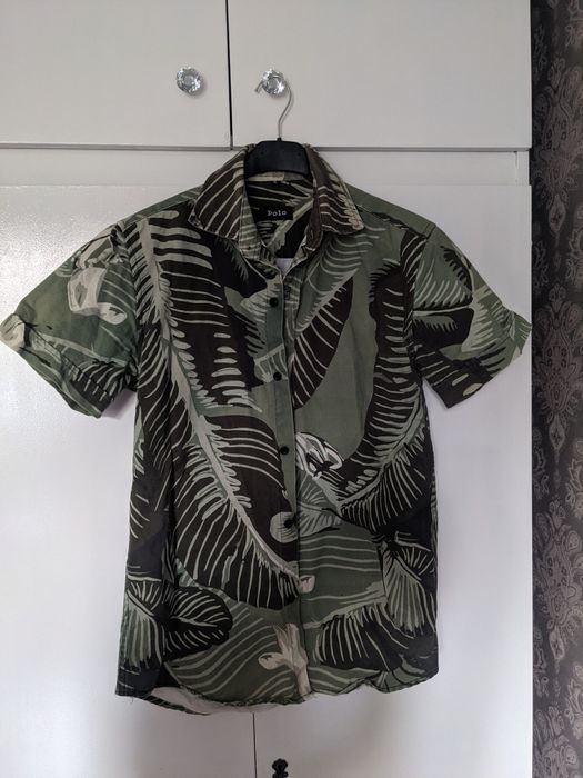 Koszulka krótki rękaw koszula polo wzory liscie khaki