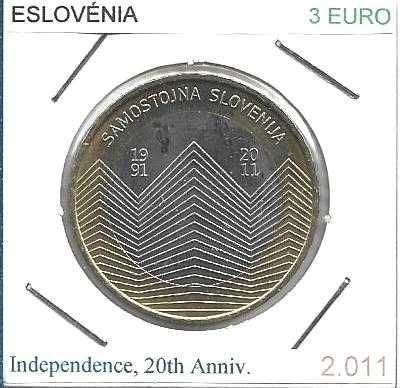 Eslovénia - -  3 Euros - 2011 - - 20º Aniv. da Independência - - Moeda
