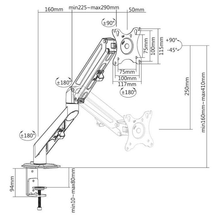 17"-27" Кріплення для монітора з газ-ліфтом Brateck LDT25-C012