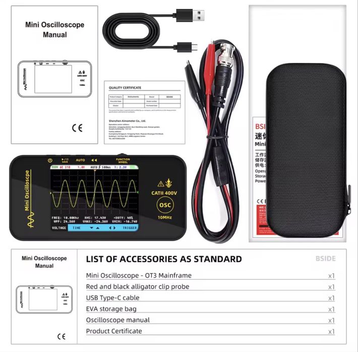 Osciloscópio digital portátil BSIDE OT3 10MHz largura de banda 2.8 "tela colorida TFT-mini osciloscópio com 1200mAh recarregável