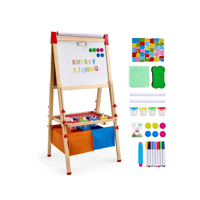 Drewniana dwustronna sztaluga dla dzieci z całym pakietem akcesoriów