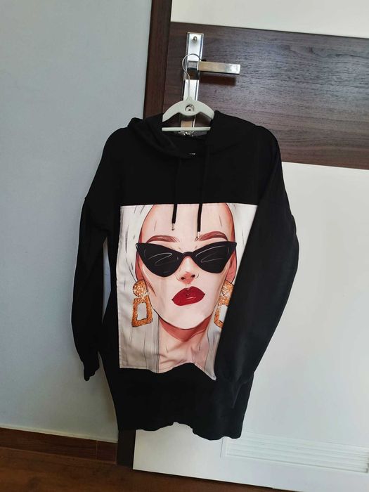 Długa Oryginalna bluza z kieszeniami i kapturem, bawełniana_S