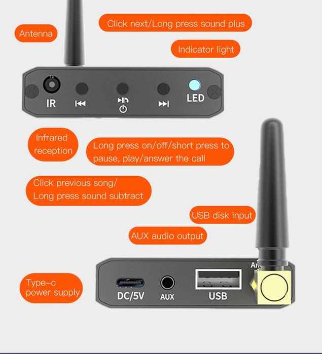 Bluetooth 5.2 аудио приёмник USB, беспроводной ресивер, микрофон,аккум