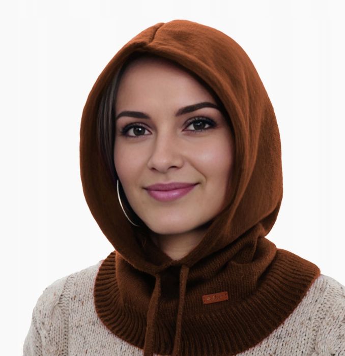 Kominiarka zimowa damska, kaptur, balaclava brązowa, z wełną merino