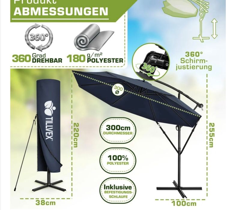 Parasol ogrodowy tillvex parasol Ø 300 cm z korbą