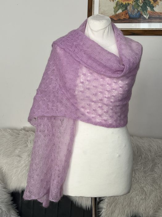 Lawendowy  lekki szal z angory  handmade i jedeabiu Butik 50 x170