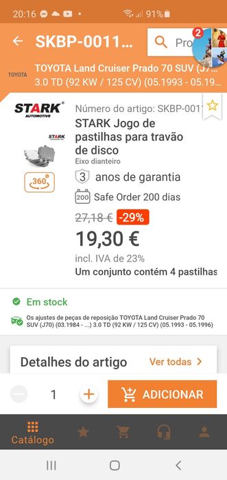 pastilhas travão frentre- trás toyota 4x4