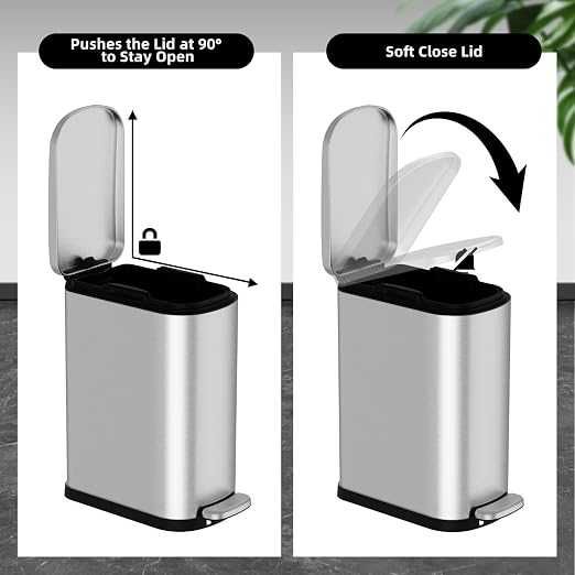 Lixeira retangular slim Inox 6L com pedal e fechamento suave da tampa 29x14x30cm.