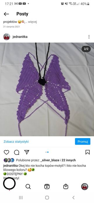 Fioletowy liliowa top motyl na szydełku