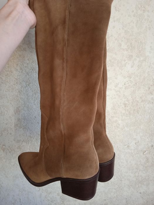 SKÓRZANE Kozaki 38 Buty Botki Brązowe Camel Kowbojki Obcasie za Kolano