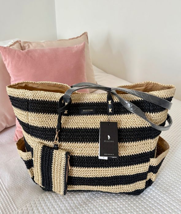 Torba pleciona puccini w paski letnia shopper czarna