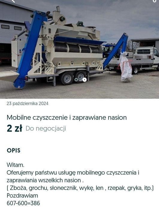 Mobilne czyszczenie zbóż, nasion, pektus.