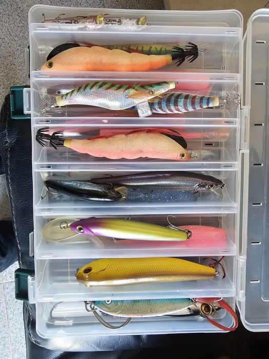 Kit de pesca com caixa NBS + amostras rigidas, vinis e palhaços
