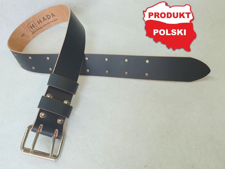 Wyprzedaż mocny Pas Wojskowy Skóra Naturalna Czarna Malowana Stabilna Podwójna Klamra Dł.125