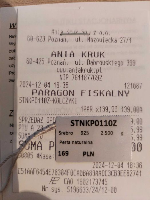 Kolczyki srebrne pozłacane z perłami naturalnymi Ania Kruk