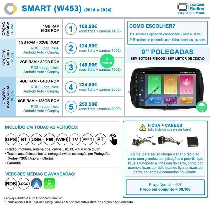 (JUNHO) Rádio SMART 451 e 453 | GPS Android 15 BT USB APPS WIFI
