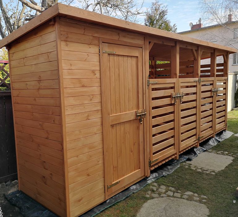 Domek narzędziowy 1,5 x 1,1m + drewutnia podwójna, wiata drewniana