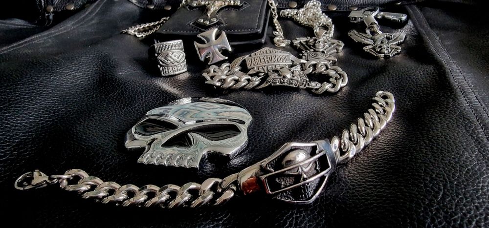 Stalowa masywna efektowna bransoletka czaszka Harley chopper motocyklo