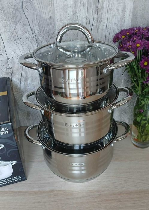 Garnki EliteHoff 6 elementów zestaw 3 garnków 16/18/20cm na indukcję