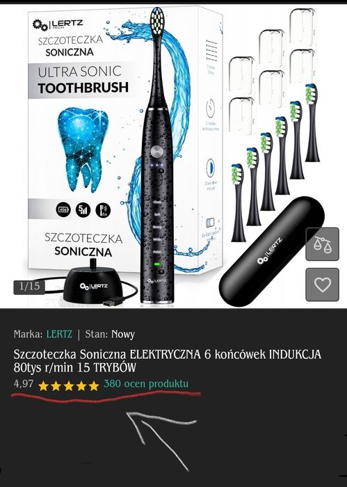 Szczoteczka Soniczna ELEKTRYCZNA LERTZ 5 końcówek INDUKCJA 80tys r/min 15 TRYBÓW