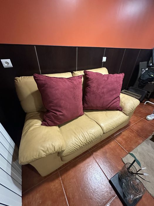 Sofá de pele e almofadas