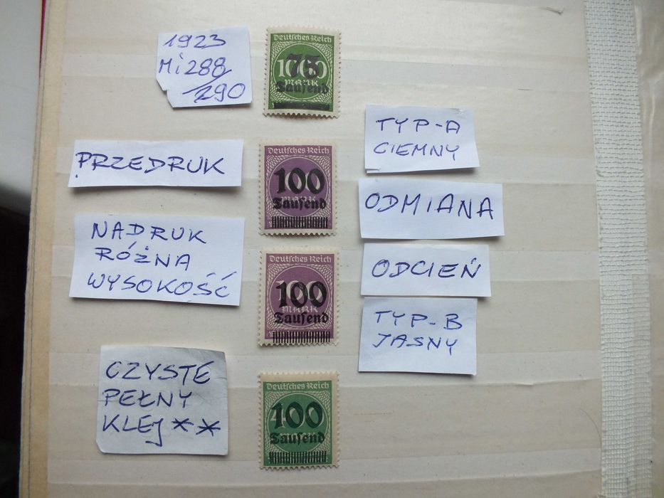 4szt. znaczki Mi288 ODCIEŃ przedruk BŁĄD Niemcy 1923 r. CYFRY Rzesza czyste ** Reich