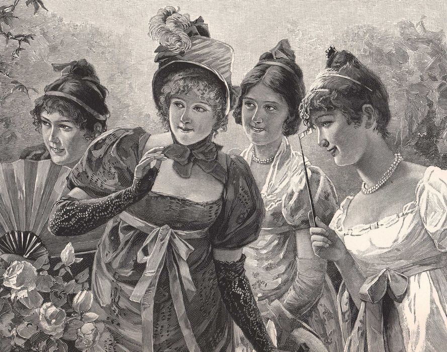 Fechner: Damy w parku. Duży efektowny drzeworyt 1896 r. autentyk