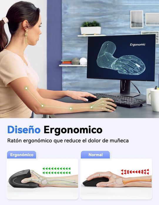 Ergonomiczna mysz pionowa TECKNET 2,4 G, cicha, 4800 dpi, 6 przycisków