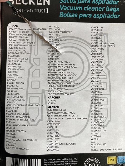 4 Sacos para aspirador becken 523 Novos