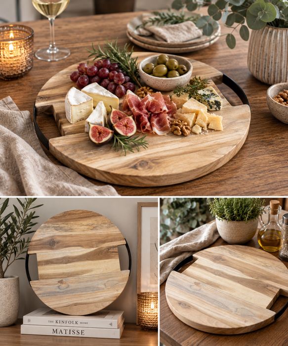 Drewniana deska do serwowania 39 cm – teak i czarne metalowe uchwyty