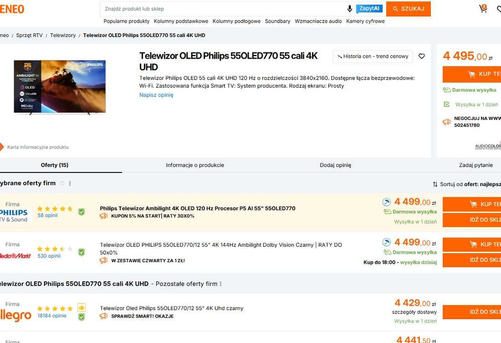 OUTLET Telewizor OLED 120Hz Philips 55OLED770 55 cali 4K gwar 2 lata