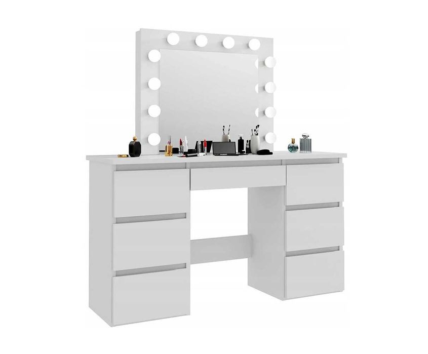 Biała toaletka kosmetyczna dużym lustrem LED światełka lampki szuflady