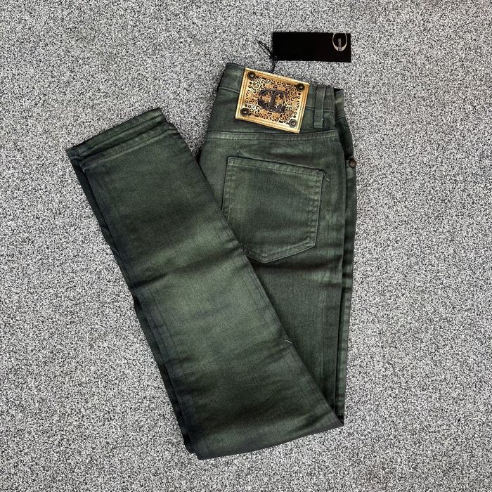 Roberto Cavalli nowe zielone woskowane spodnie rurki 26 40