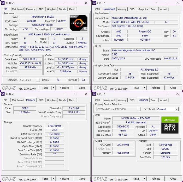 RYZEN 5600X / B550M / DDR4 32Gb / NVME 256Gb + 1Tb / RTX 5060