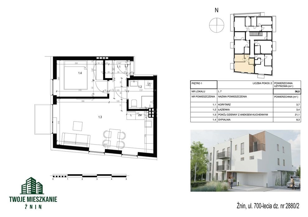 Przemyślana przestrzeń,  36,5m2- 2 pokoje + bakon