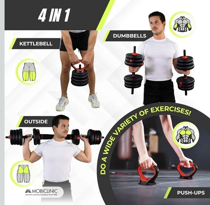 Halteres Ajustáveis 20 Kg, 4 em 1, Jogo de Pesos, Halteres, Kettlebells e Suporte para Flexões, Barra de Conexão, Aderência Antiderrapante