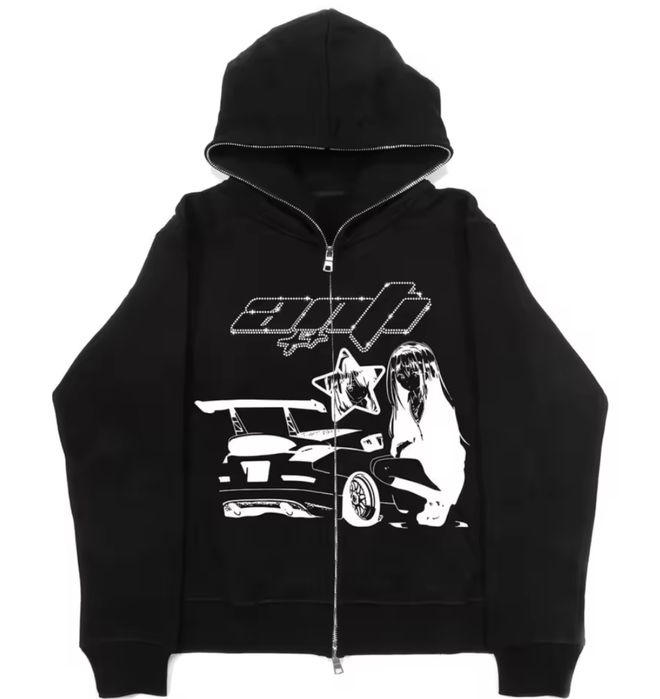 зіп худі у2к аніме принт чорна зіпка з прінтом оверсайз на блискавці